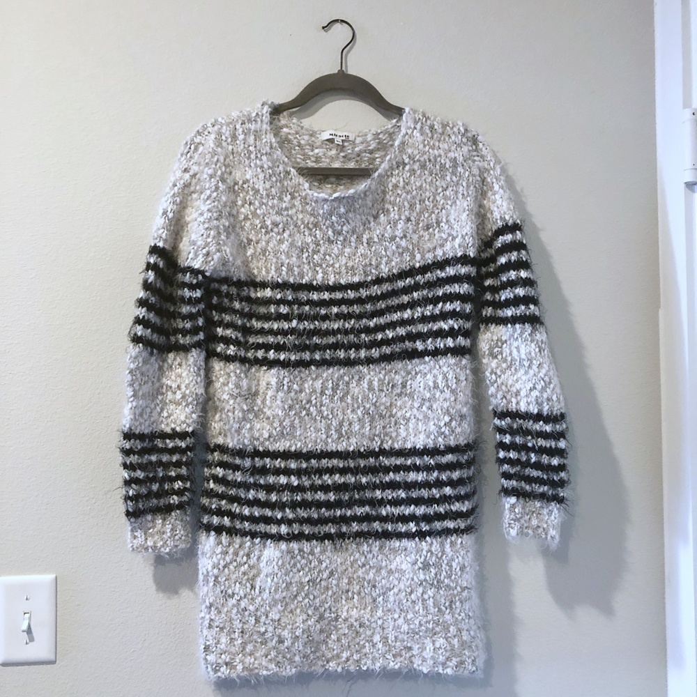 Miracle USA Cream, White, and Black Stripe Fuzzy Sparkle Sweater